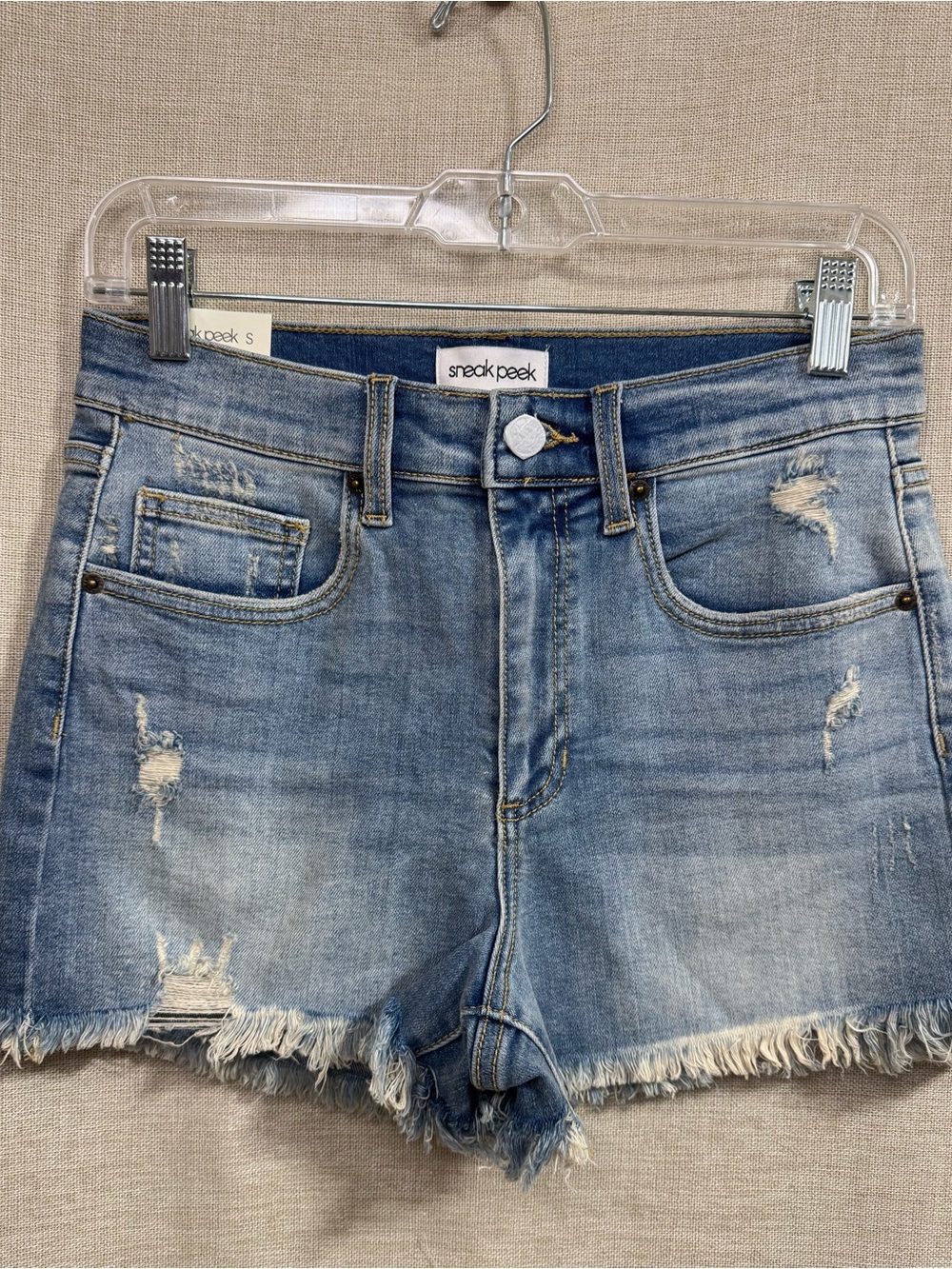 Sneak Peek Women's High Rise Medium Blue Distressed Frayed-Hem Denim Shorts